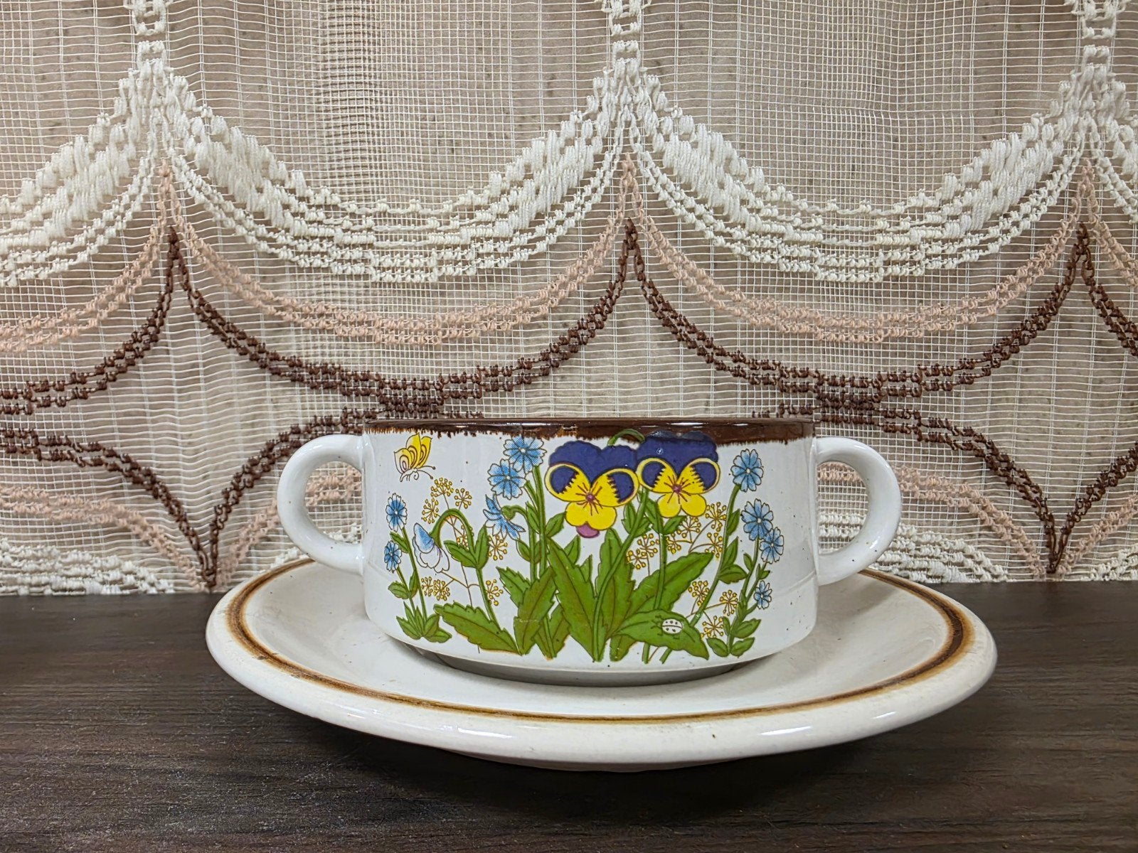 Vintage Wildflower soepkom met schotel jaren 70, Ophalen of Verzenden