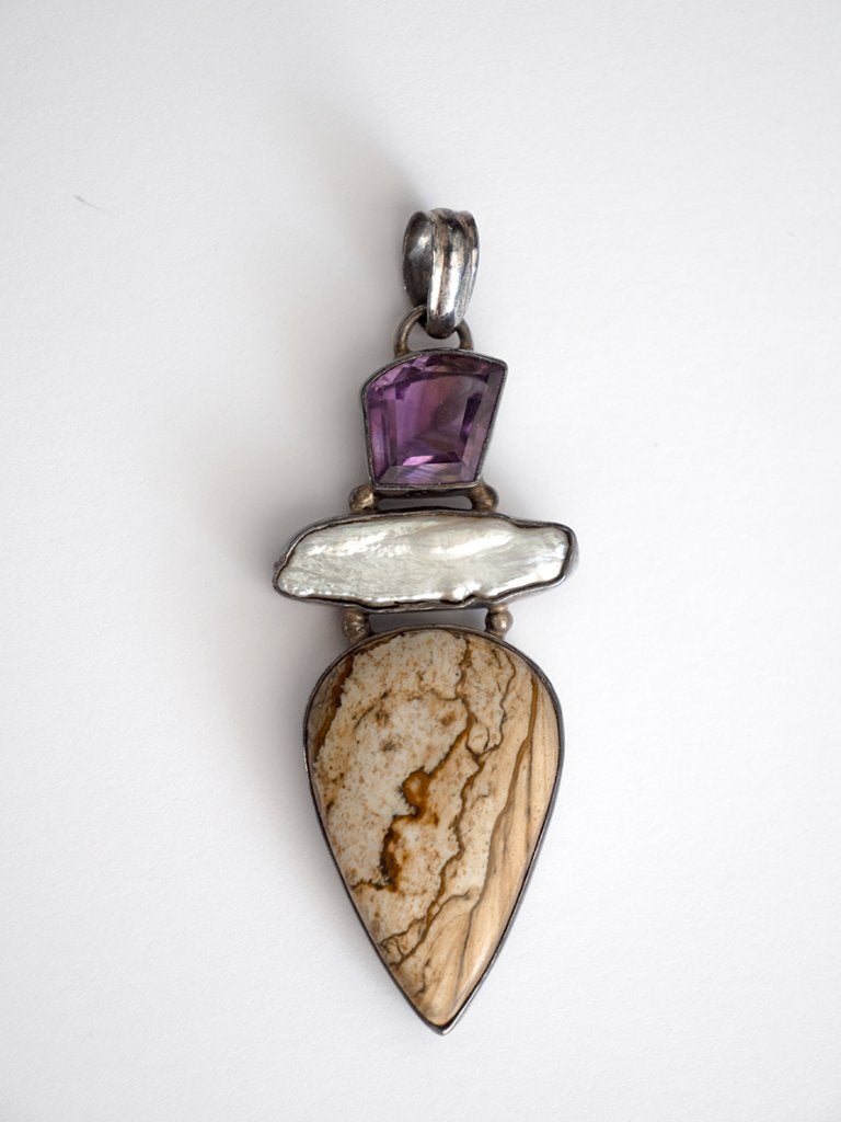 Kunstzinnige zilveren hanger met halfedelstenen, Gebruikt, Ophalen of Verzenden, Zilver, Overige kleuren