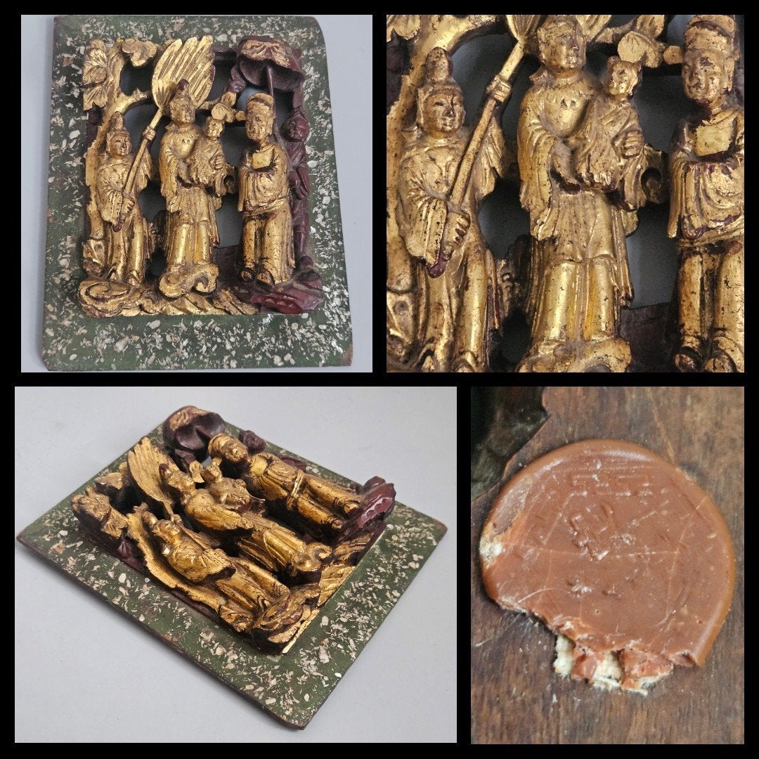 China,  een uit hout gestoken verguld paneel, Hout, Goud, Ophalen of Verzenden, Gemerkt