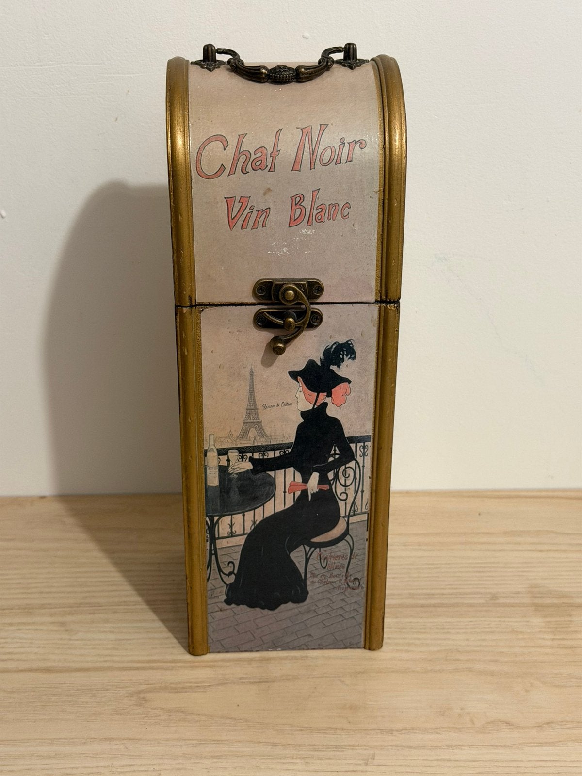 Vintage houten wijnkoffer "Chat Noir Vin Blanc" • Luxe vilt, Gebruikt, Ophalen of Verzenden, Minder dan 5 flessen, 5 – 50