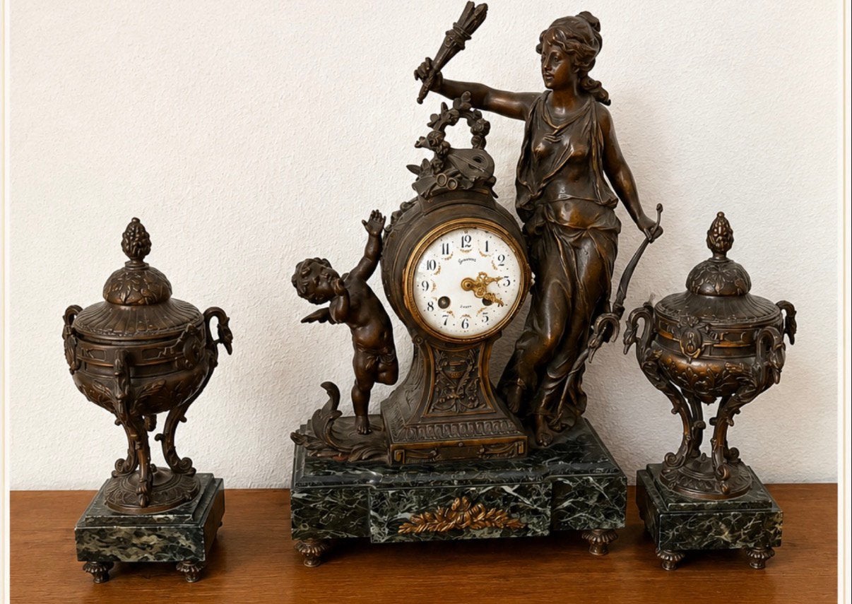 Antieke Frans Pendule Schouwgarnituur 3-delige Eind 19e eeuw, Antiek en Kunst, Ophalen