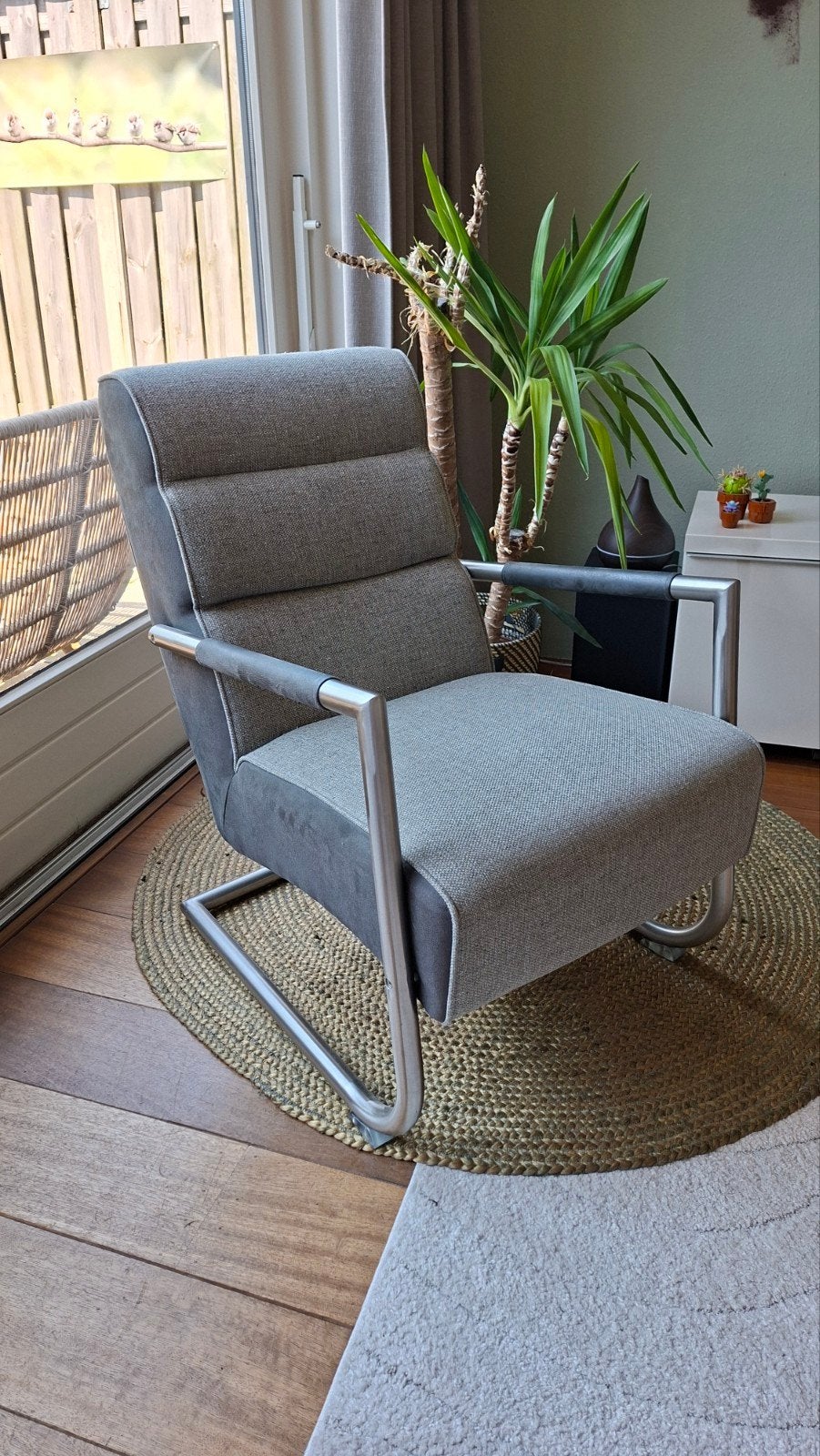 Xooon Fauteuil Donkergroen/Grijs met RVS Poot, Ophalen, 75 tot 100 cm, Zo goed als nieuw, Stof