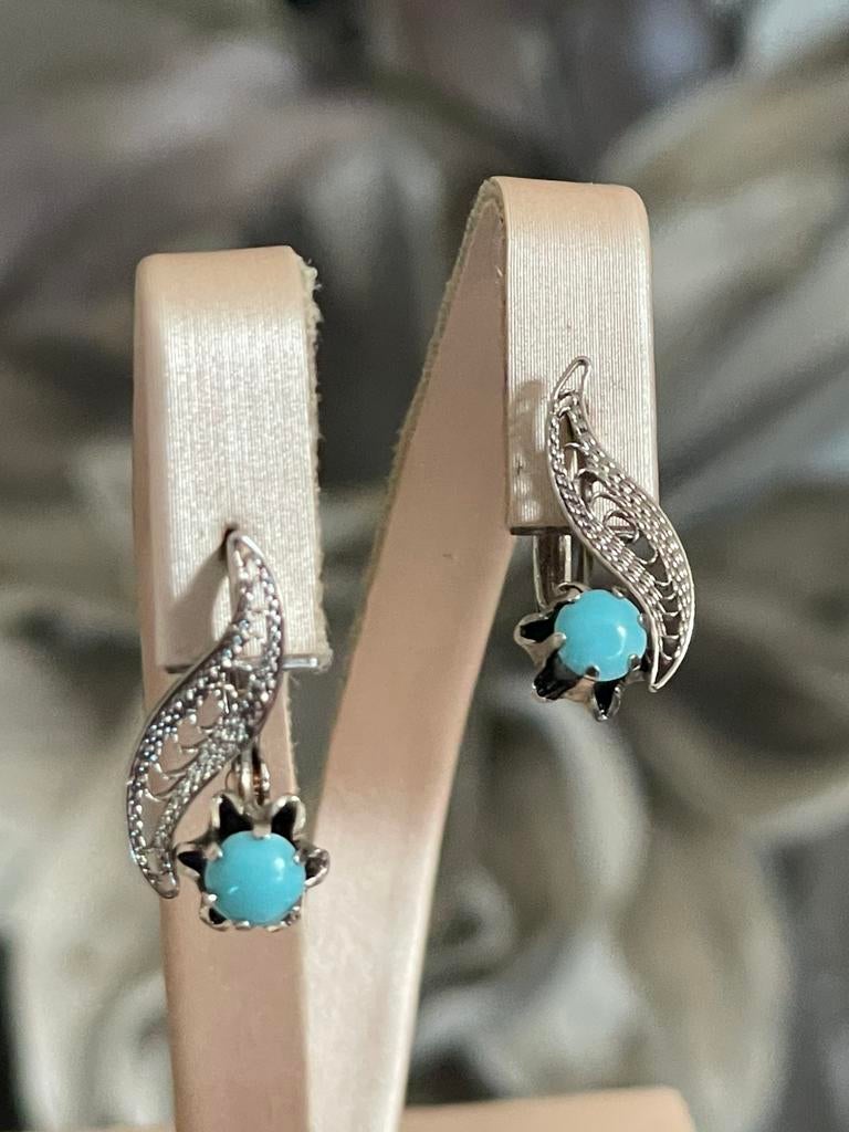 Zwaar verzilverde vintage oorbellen met turquoise steentjes, Ophalen of Verzenden, Zo goed als nieuw, Zilver, Overige materialen