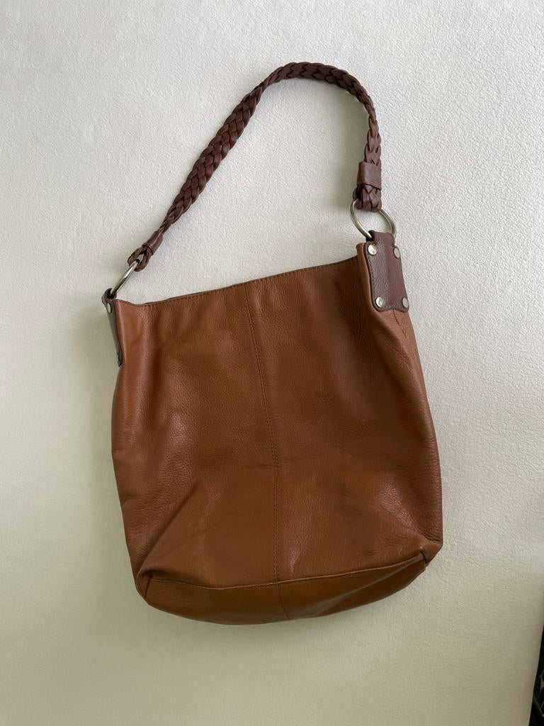 Bijenkorf bruin echt lederen tas., Ophalen of Verzenden, Gebruikt, Bruin, Shopper