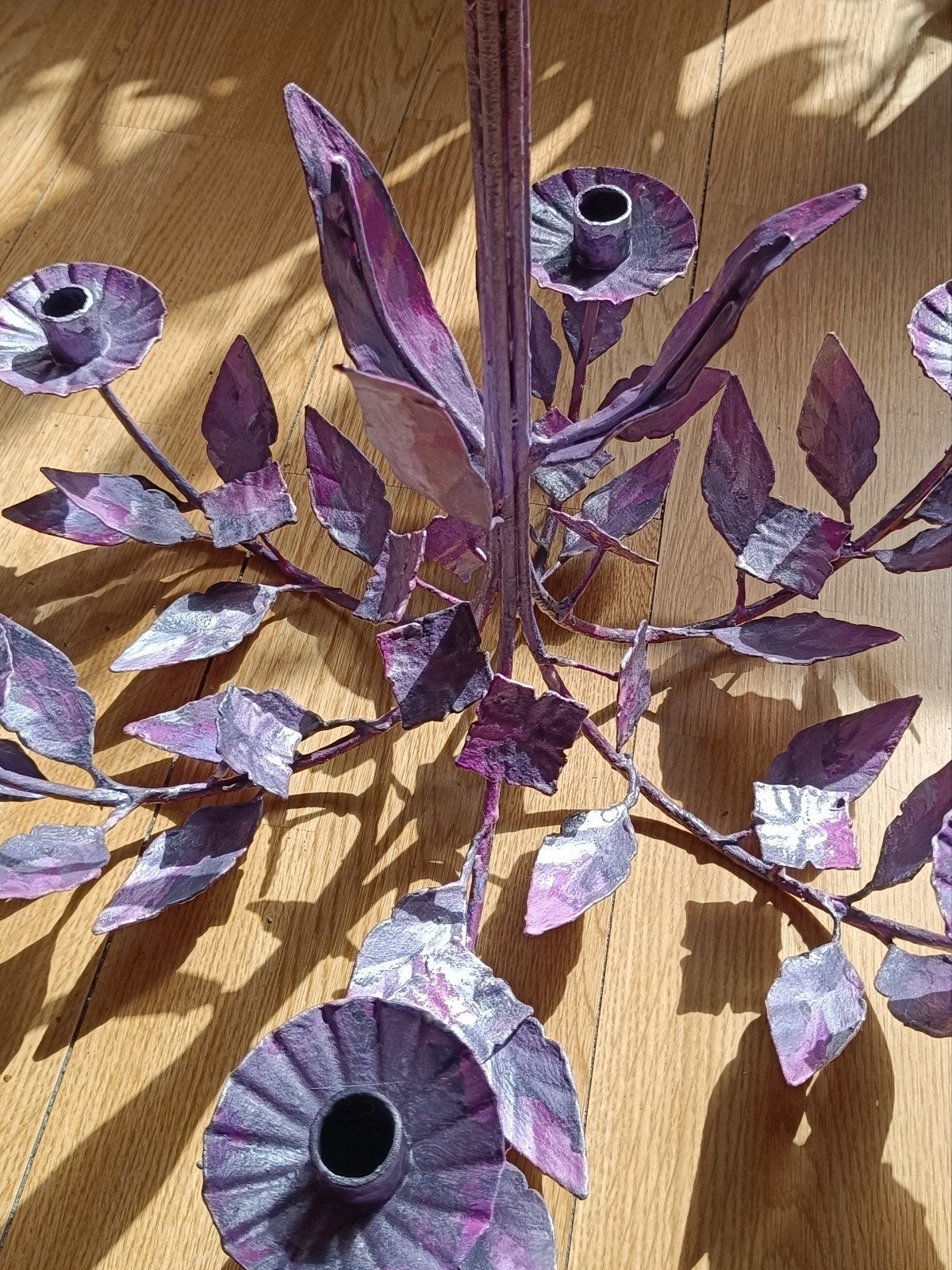 Vintage metalen kroonluchter met bladeren en bloemen, Ophalen of Verzenden