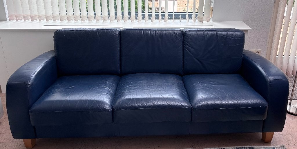 Comfortabele blauwe leren banken (2- en 3-zits), Ophalen, Gebruikt, Driepersoons, 75 tot 100 cm