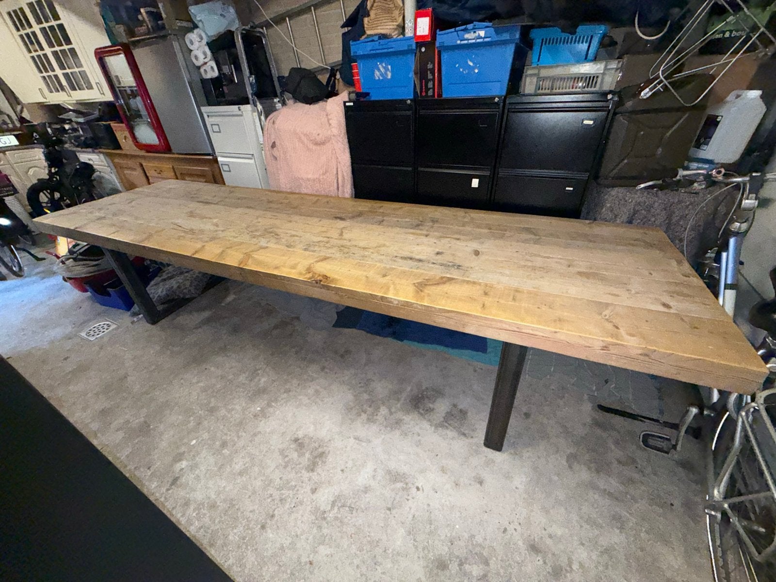 Robuuste steiger houten tafel 3,5x1m met metalen onderstel, Ophalen, Gebruikt, 100 tot 150 cm, 200 cm of meer