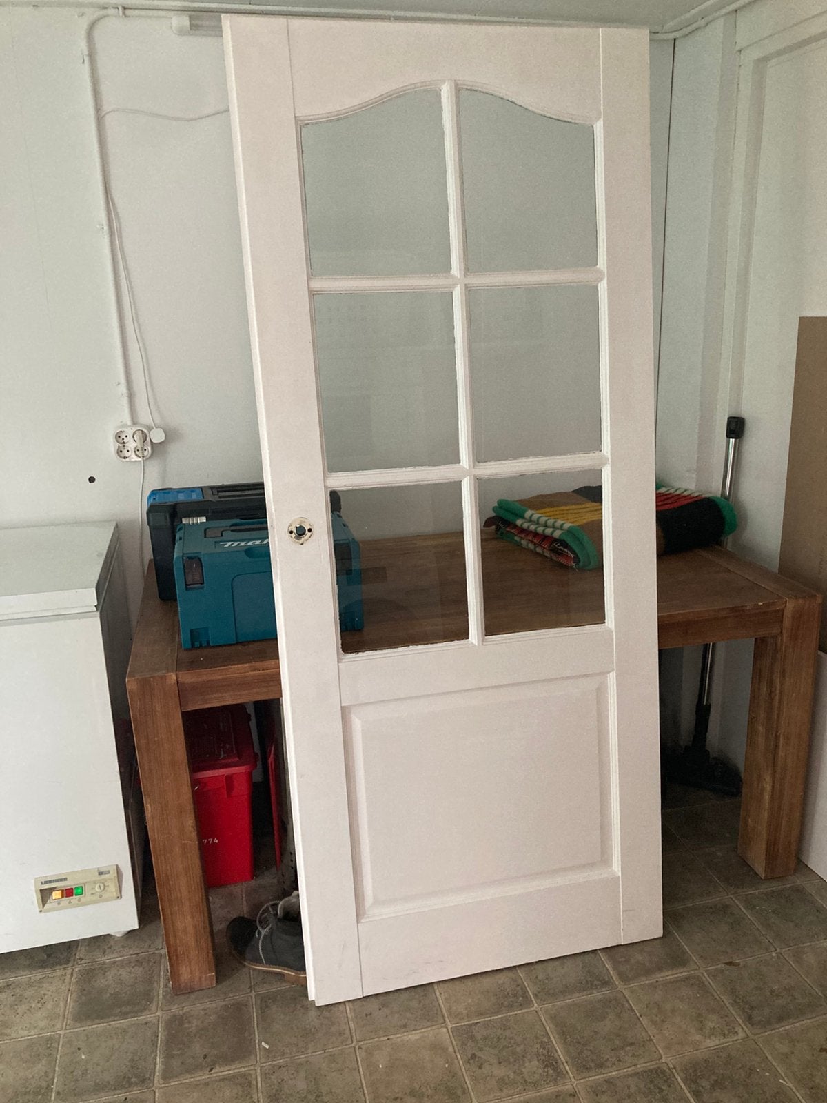 Oude hardhouten opdekdeur met glas, gratis op te halen, Ophalen, Gebruikt, Binnendeur, 200 tot 215 cm