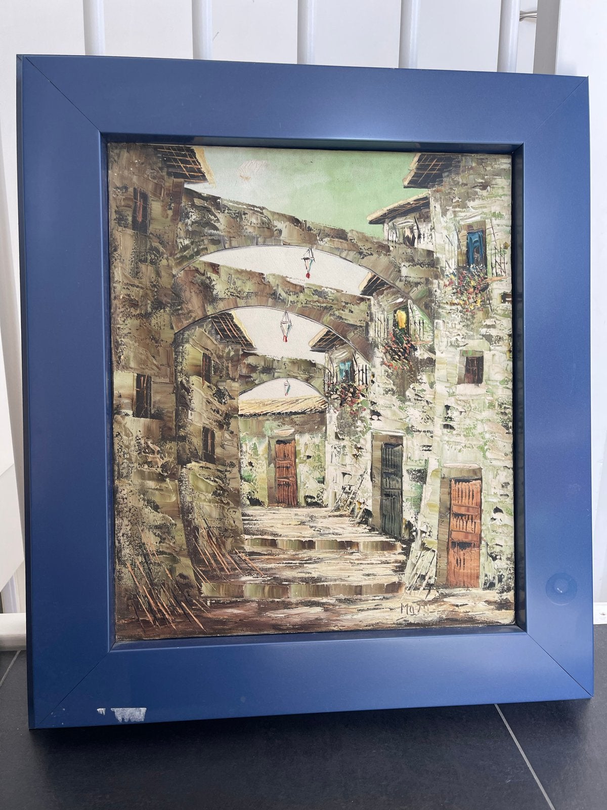 Schilderij met stadsgezicht in reliëf, gesigneerd, Ophalen, Doek, Realistisch, Gesigneerd