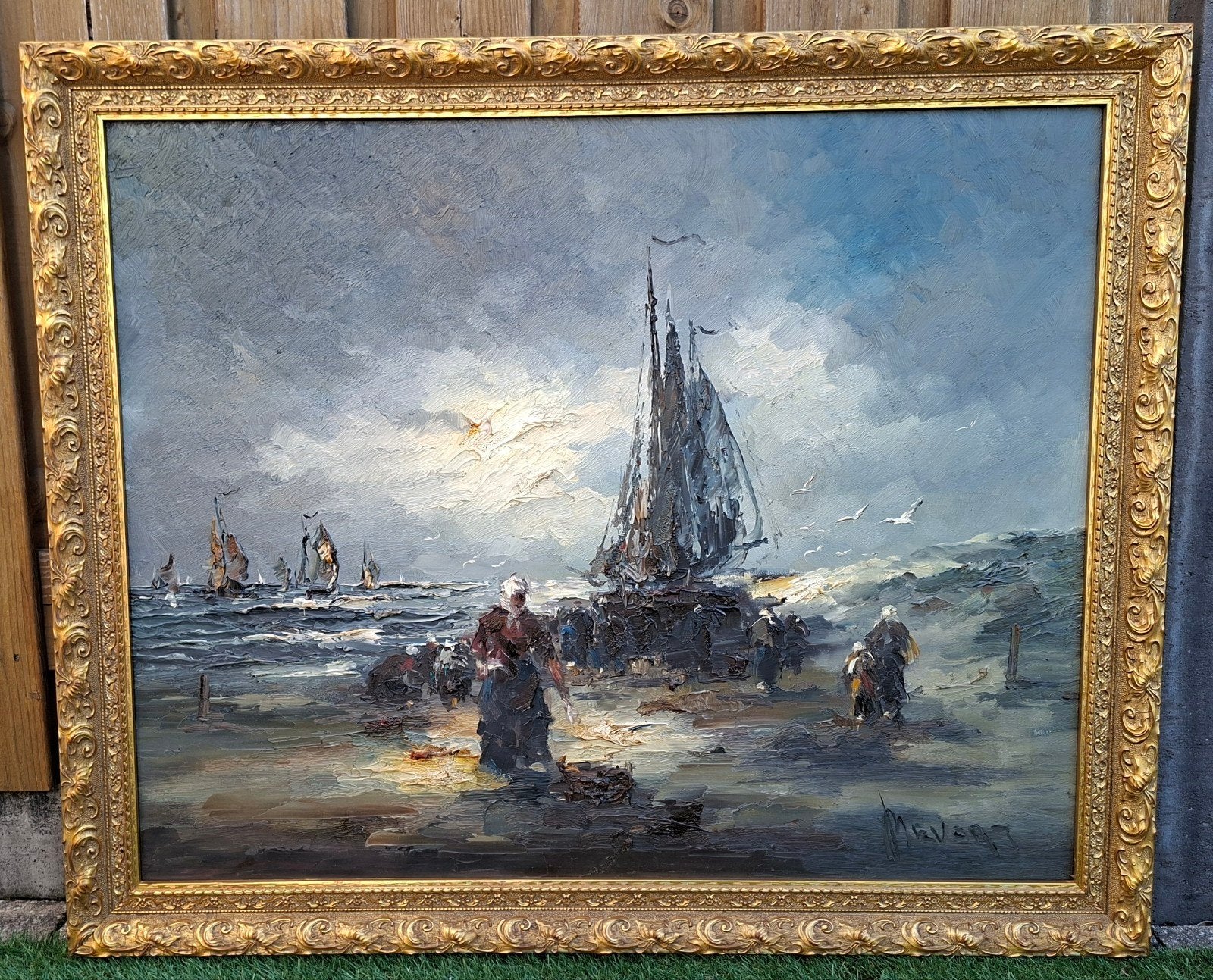 Schilderij John(Jan) Bévort - Maritiem tafereel met vissers, Antiek en Kunst, Kunst | Schilderijen | Klassiek, Ophalen, Maritiem / water