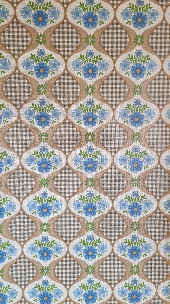 13656 Vintage keukenbehang met blauw bloemmotief swiet, Ophalen of Verzenden, Bruin