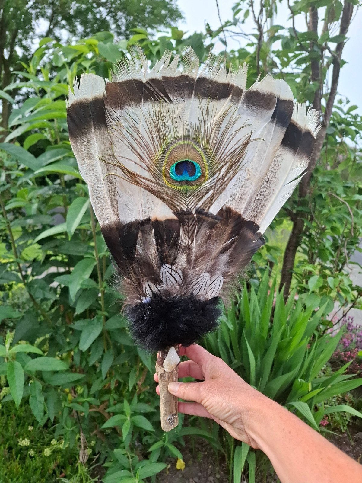 Grote Smudge veren fan op drijfhout  met kalkoen en pauwoog, Ophalen of Verzenden