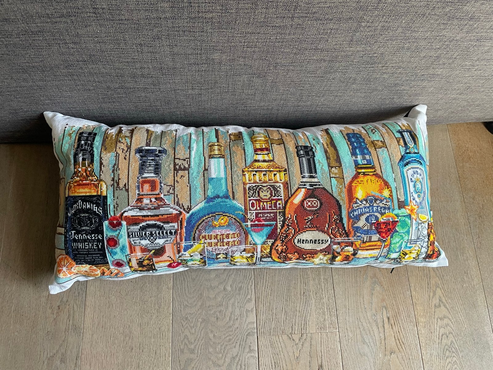 Handgemaakt kruissteek drankkussen met rits, 85x40cm, Ophalen of Verzenden, Zo goed als nieuw, Blauw, Rechthoekig