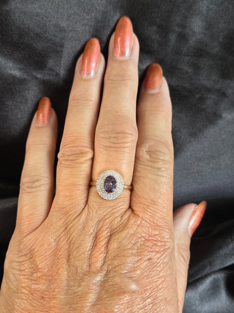 Gouden Vintage ring edelsteen tanzaniet en diamant. 2026/366, Paars, Ophalen of Verzenden, Zo goed als nieuw, .