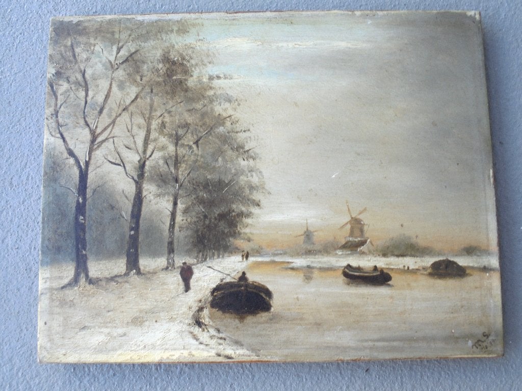 olieverf paneel winterlandschap met molen, Ophalen of Verzenden