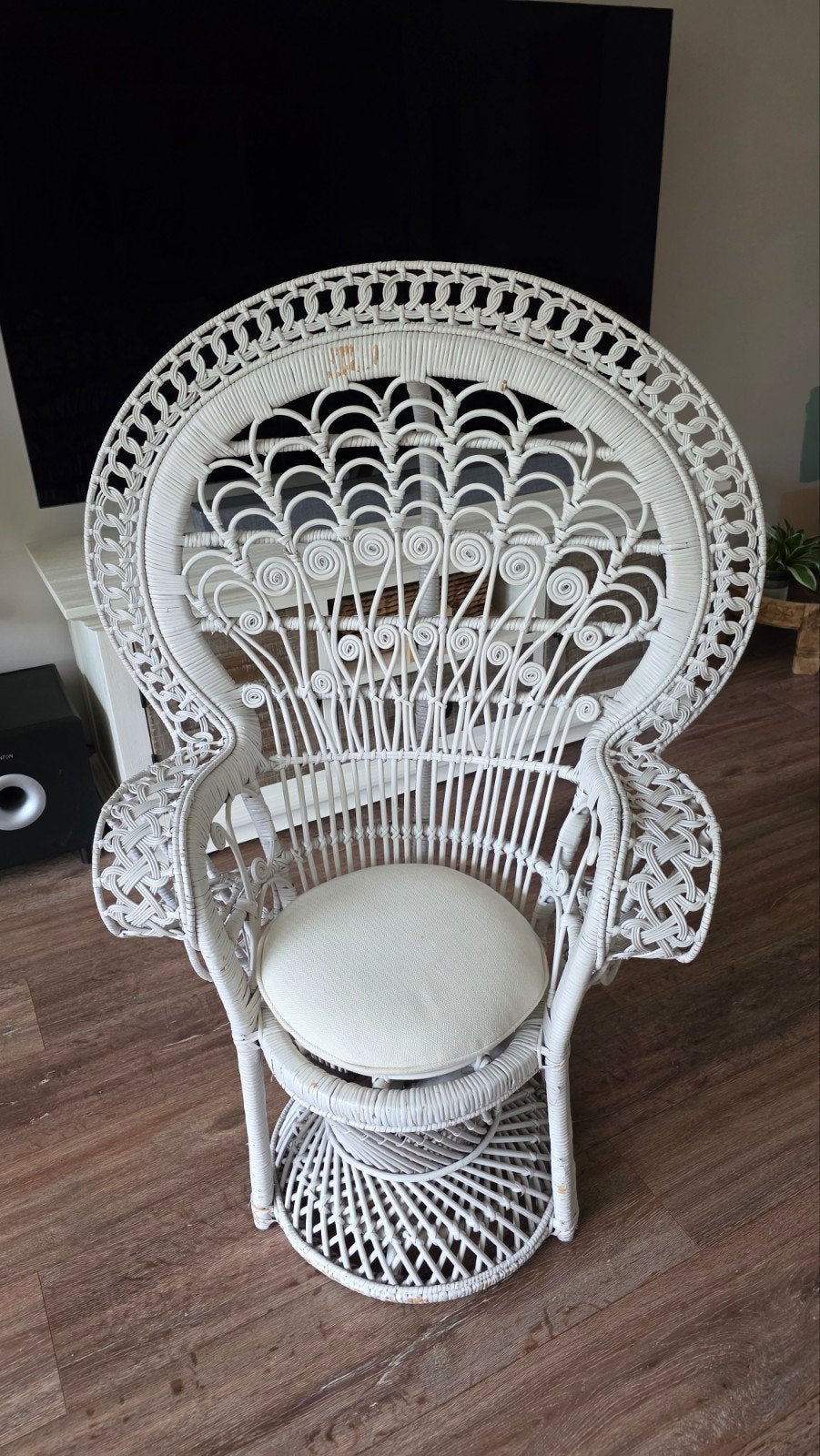 Witte Rotan Pauwenstoel - Vintage Stijl, Ophalen, Gebruikt, Wit, Riet of Rotan