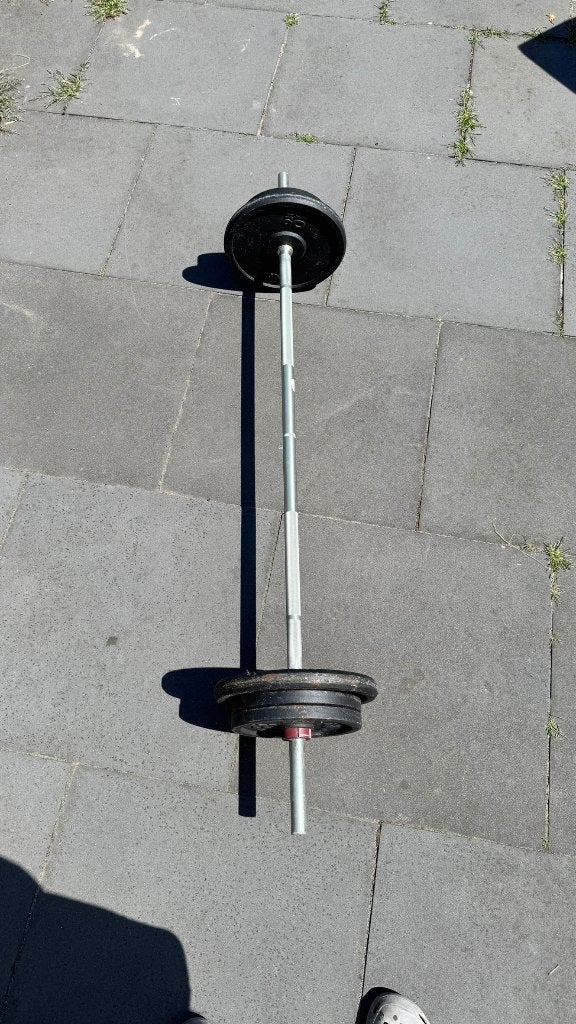 Halterstang met halterschijven, Sport en Fitness, Ophalen, Gebruikt, Rug, Halterstangen