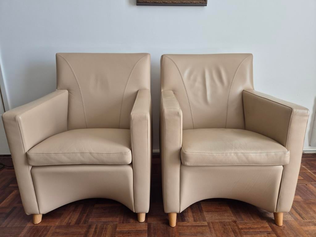 Set van 2 beige leren fauteuils: Leolux type Dolcinea, Ophalen, Gebruikt, Twee, Overige kleuren