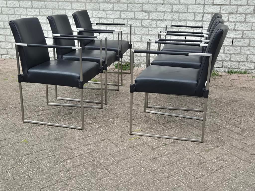 6 Bert Plantagie design eetkamerstoelen Clark zwart leder, Ophalen, Zwart, Zo goed als nieuw, Arco vitra frame goossens stijl