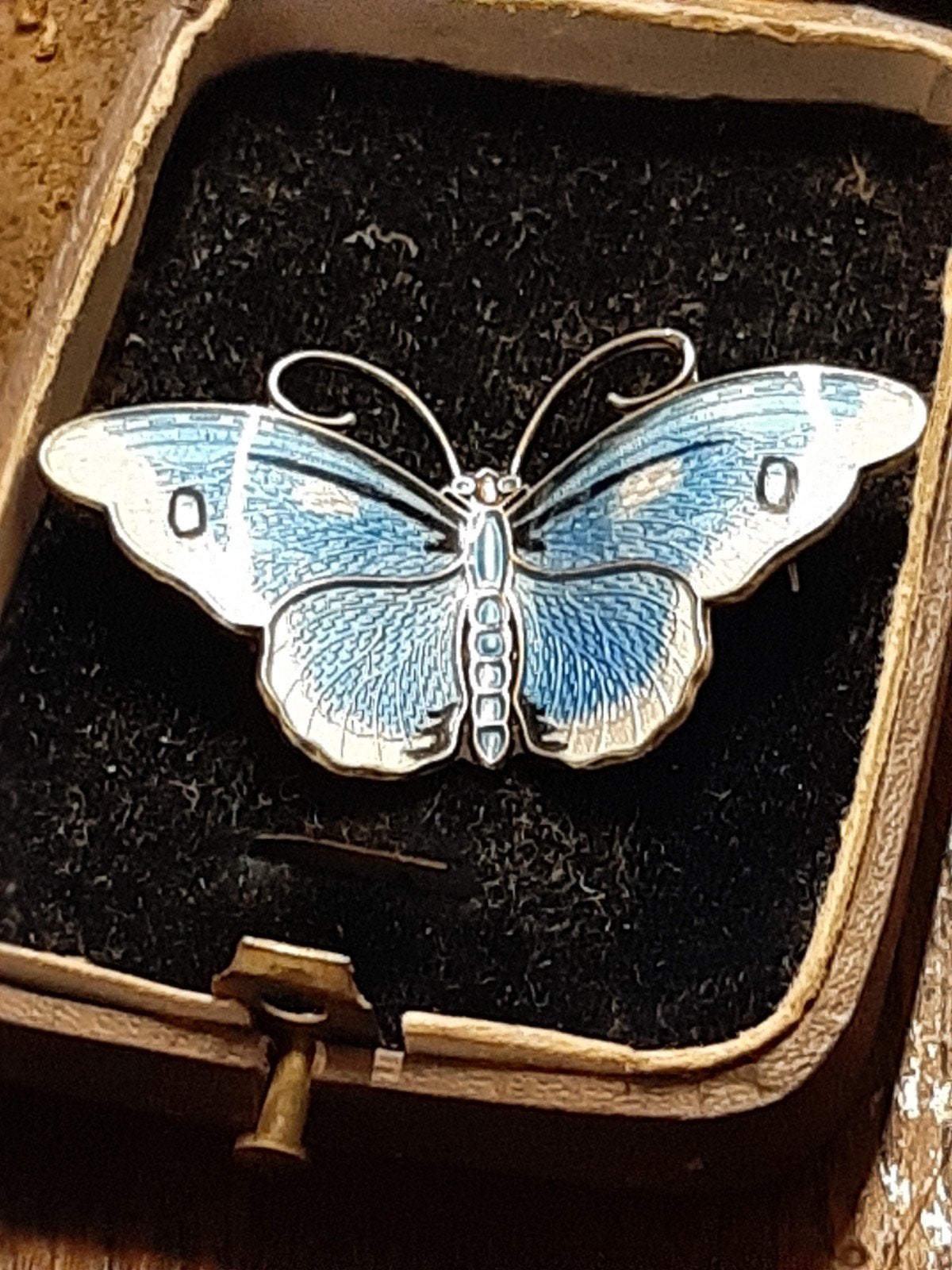Vintage Sterling Zilveren Vlinder Broche Noorwegen Emaille, 4 tot 7 cm, Gebruikt, Blauw, Ophalen of Verzenden