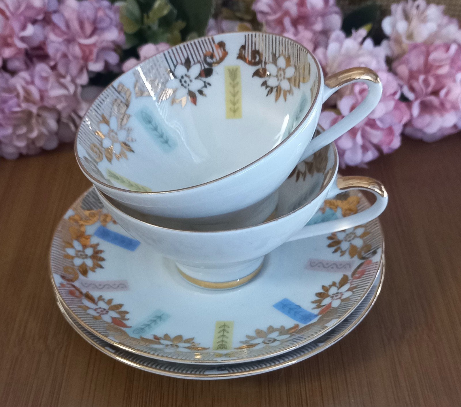 Set van 2 brocante mocca/espresso kopjes met schotel,Bavaria, Ophalen of Verzenden