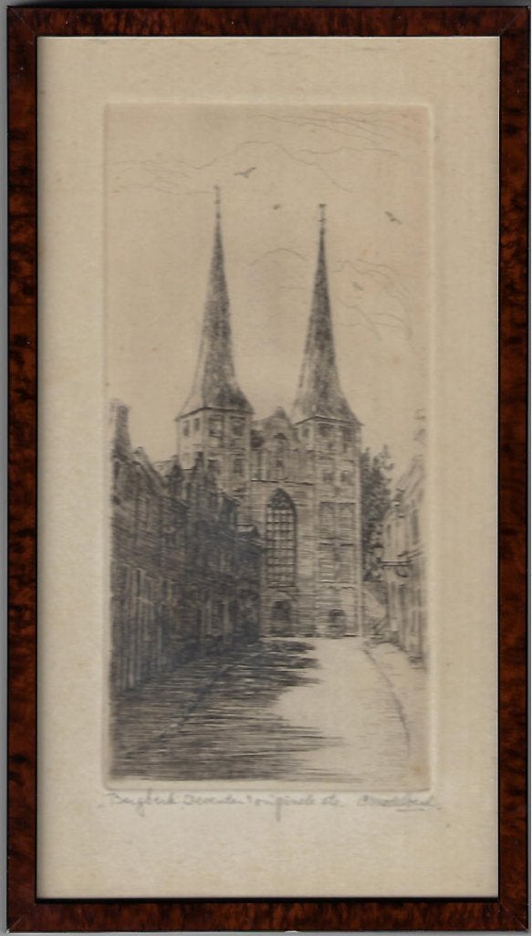 Ets Deventer Bergkerk in lijst, Antiek en Kunst, Ingelijst, Ets, Architectuur, Ophalen of Verzenden