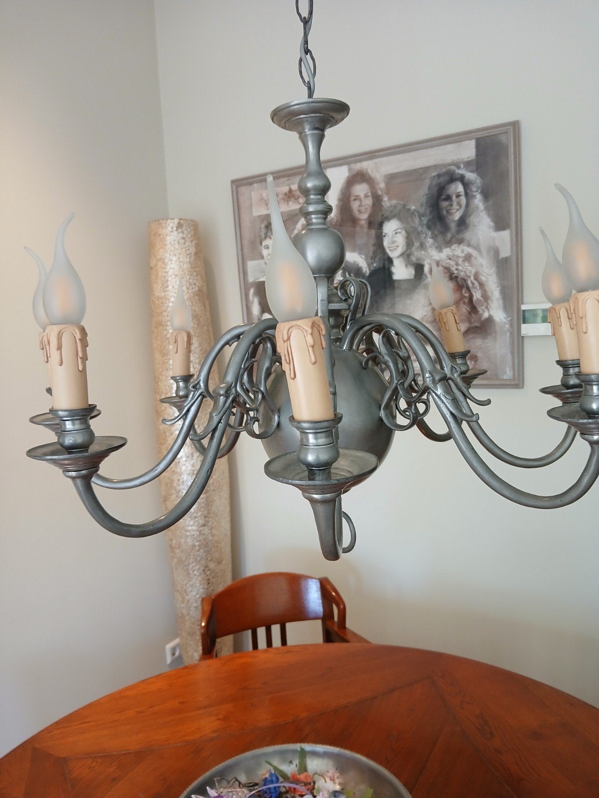 Originele Tinnen Kroonluchter met 8 Lichtpunten, Gebruikt, E14 (klein), Ophalen of Verzenden, Metaal