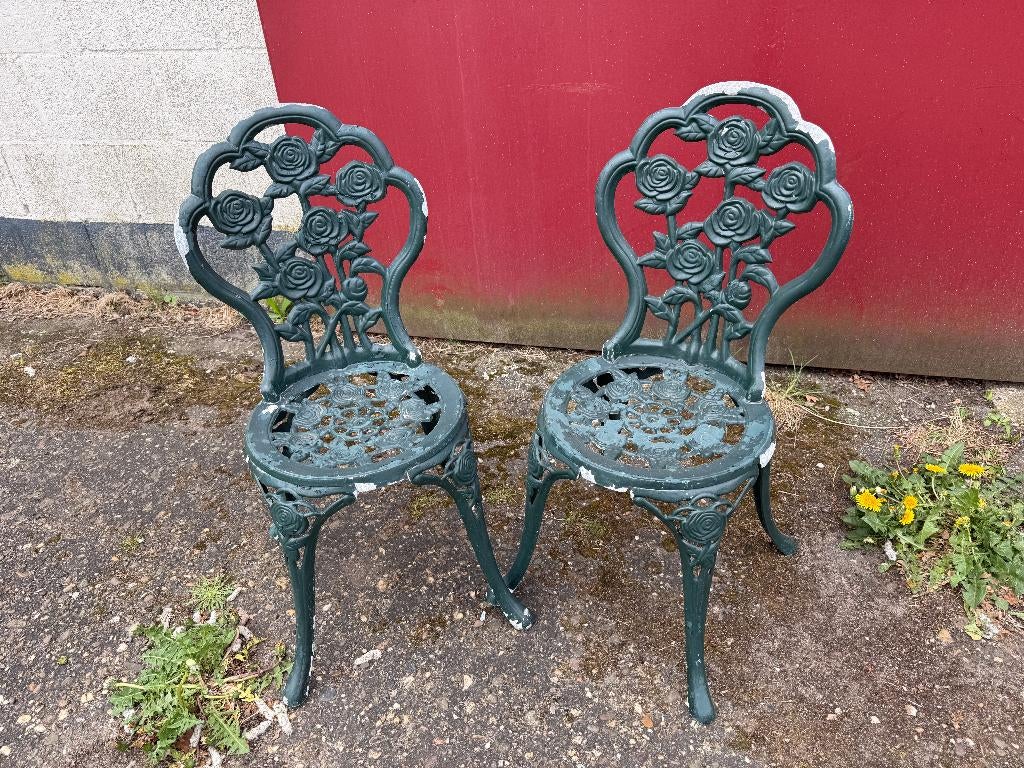 twee Gietijzeren tuinstoelen (mooi afgewerkt), Tuin en Terras, Ophalen, Gebruikt, Metaal