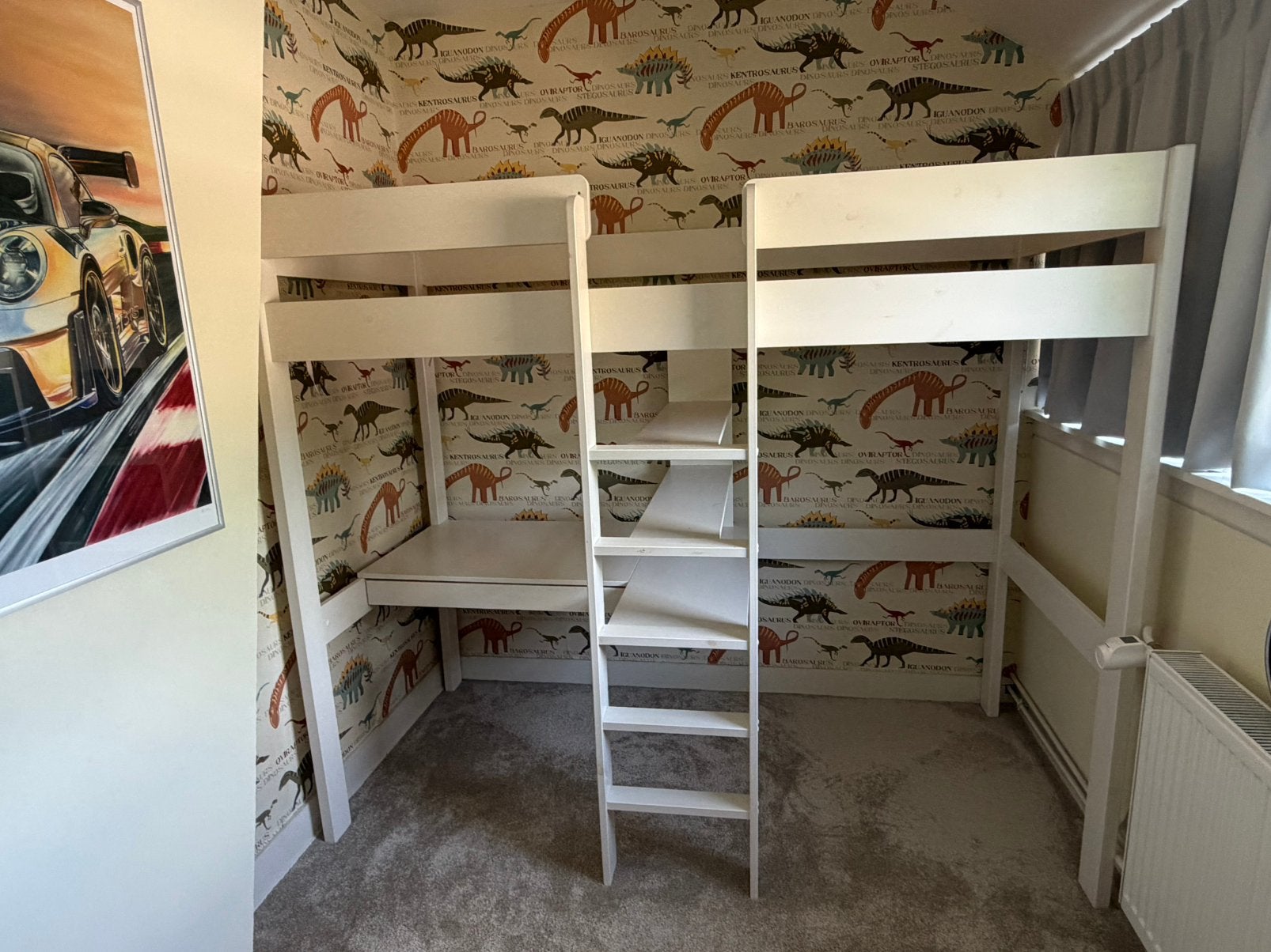 Houten hoogslaper 90x200 met bureau en trap – wit, Ophalen, Eenpersoons, Zo goed als nieuw, 90 cm