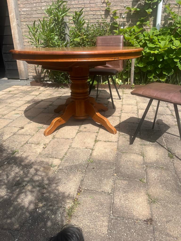 Massief hardhouten ronde/ovale uitschuifbare eettafel, Ophalen, 100 tot 150 cm, Rond, Zo goed als nieuw