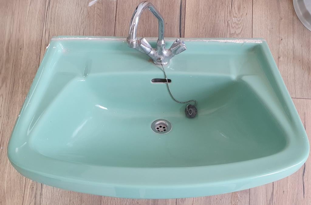 Vintage Groen Wastafel met Kraan - Gebruikt, Verzenden, Gebruikt, Chroom, Wastafel