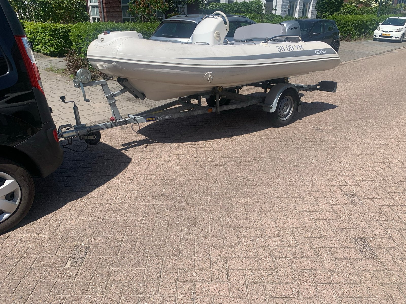 Grand G380 RIB met Honda BF20D, opvaardok en trailer, Gebruikt, 4 m, Peddels, Grand