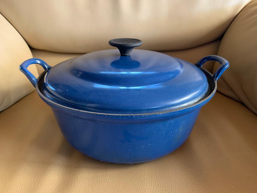 Le Creuset braadpan blauw 28 cm, Ophalen, Gebruikt, Gietijzer, Koekenpan of Braadpan