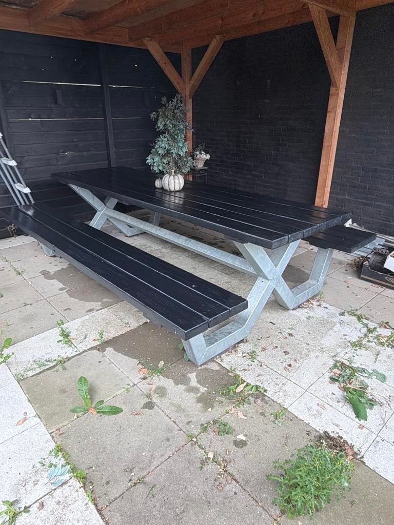Robuuste picknicktafel 300x90 cm - Zwart hout en staal, Ophalen of Verzenden, Gebruikt, Rechthoekig, Hout