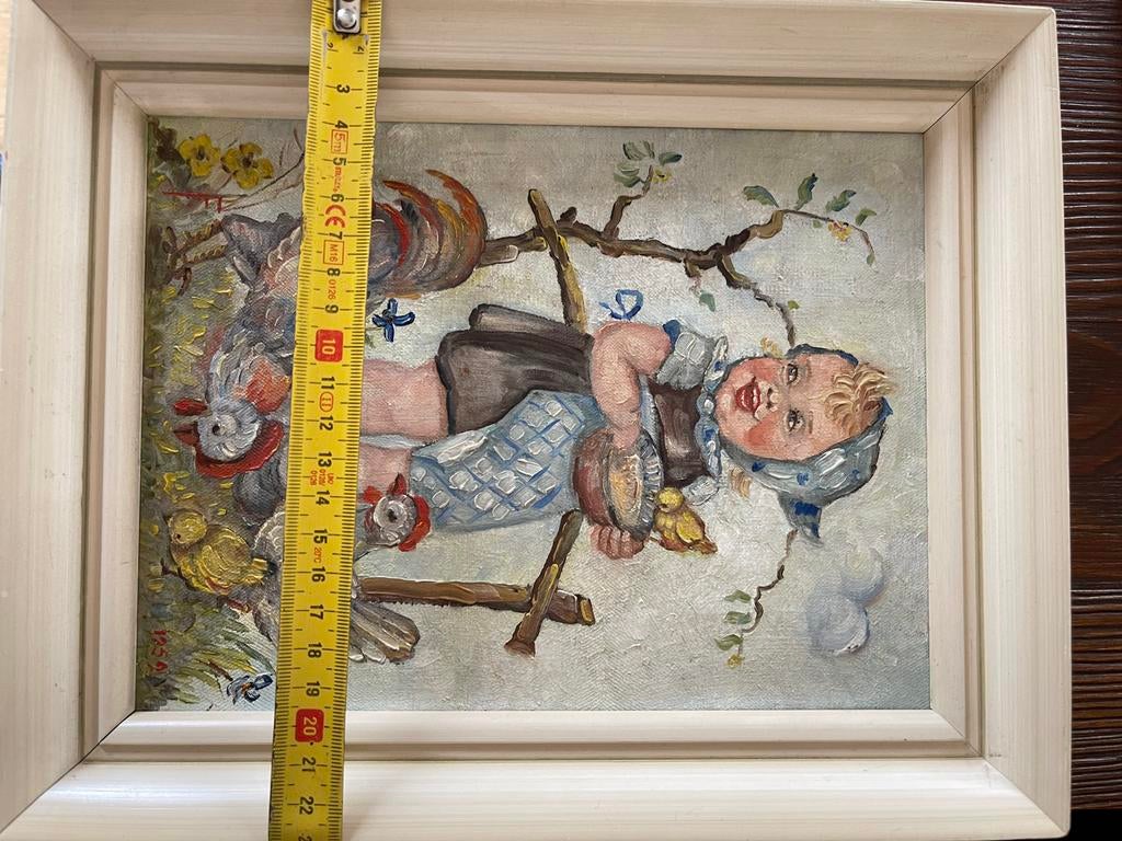 Schilderij op doek: Meisje met kippen, Ophalen of Verzenden