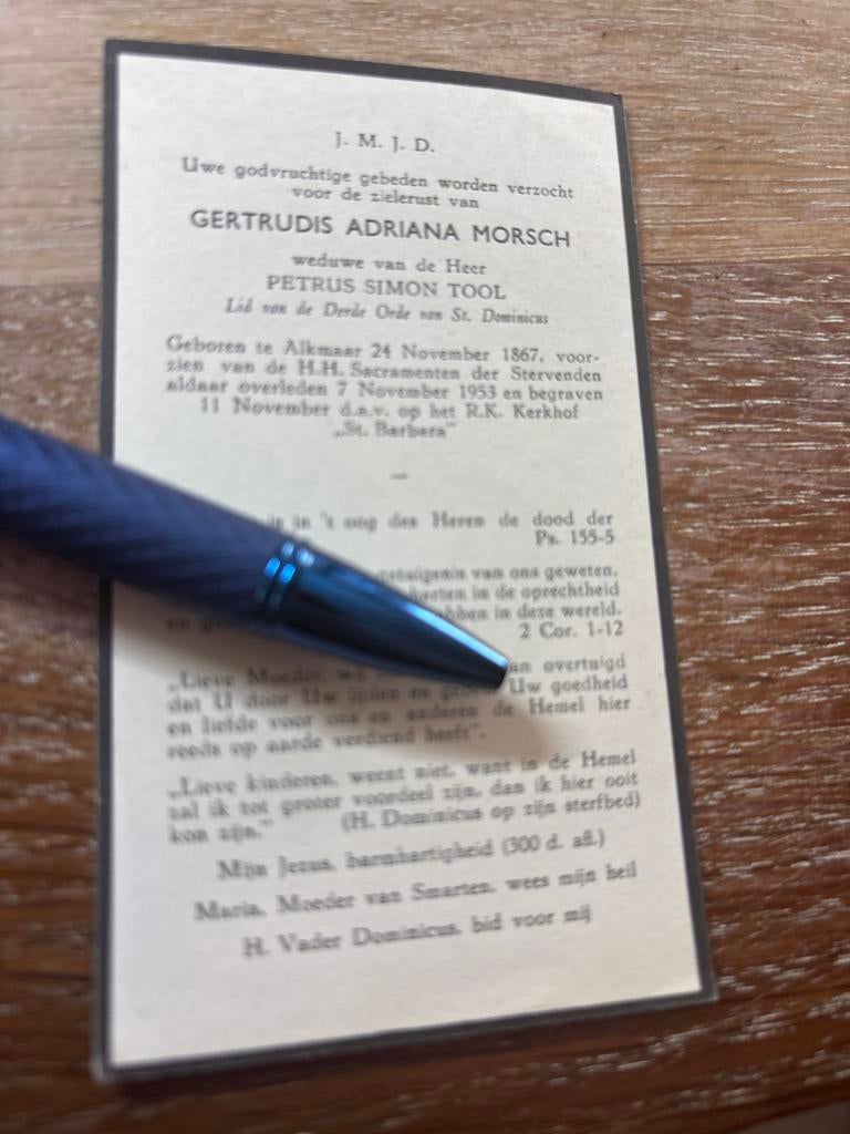 Morsch Gertrudis 1867 Alkmaar 1953 x Tool - E01380 -, Ophalen of Verzenden, Bidprentje