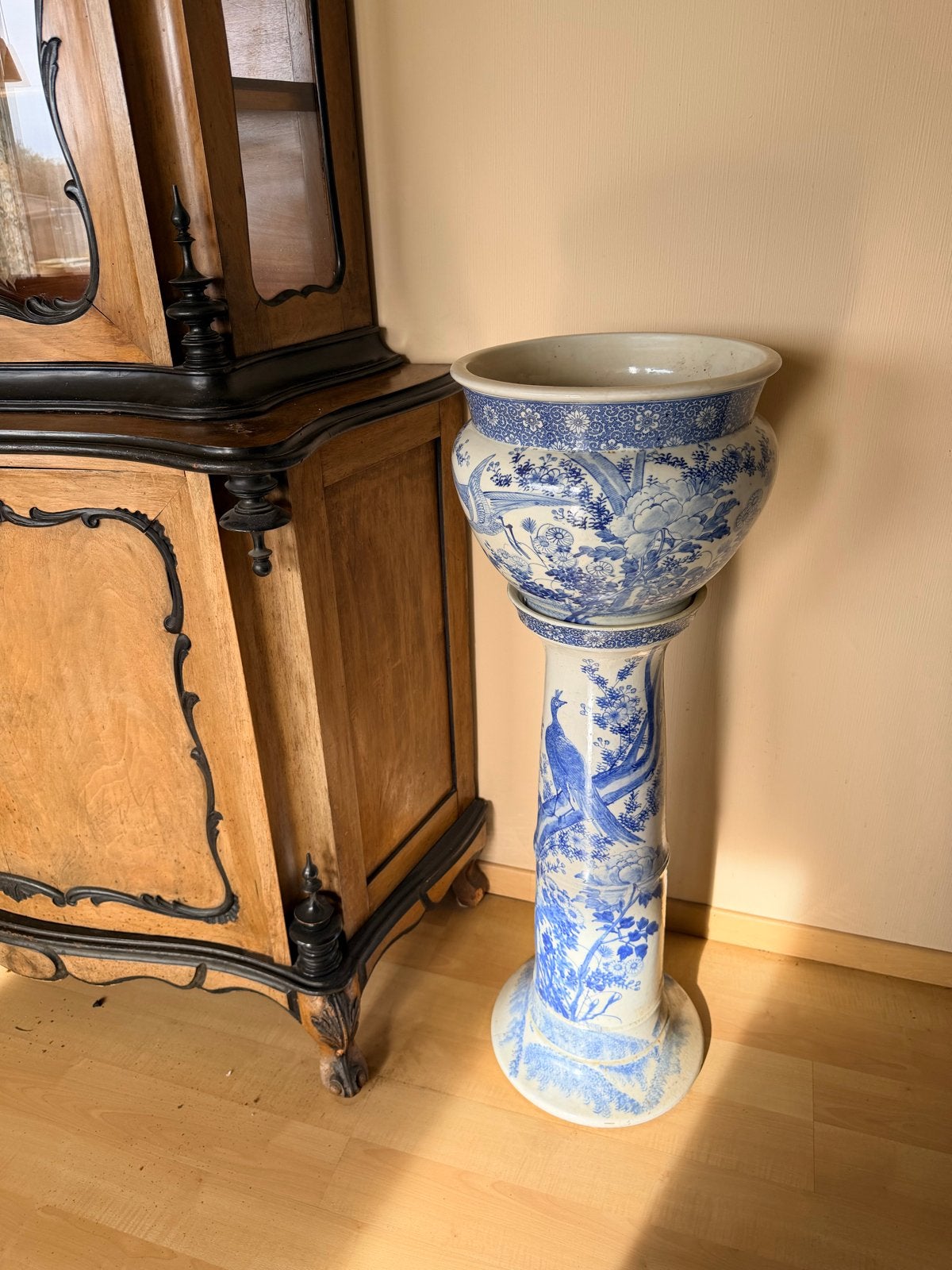 Antieke Chinese Porseleinen Bloempot met Sokkel, Blauw-Wit, Ophalen