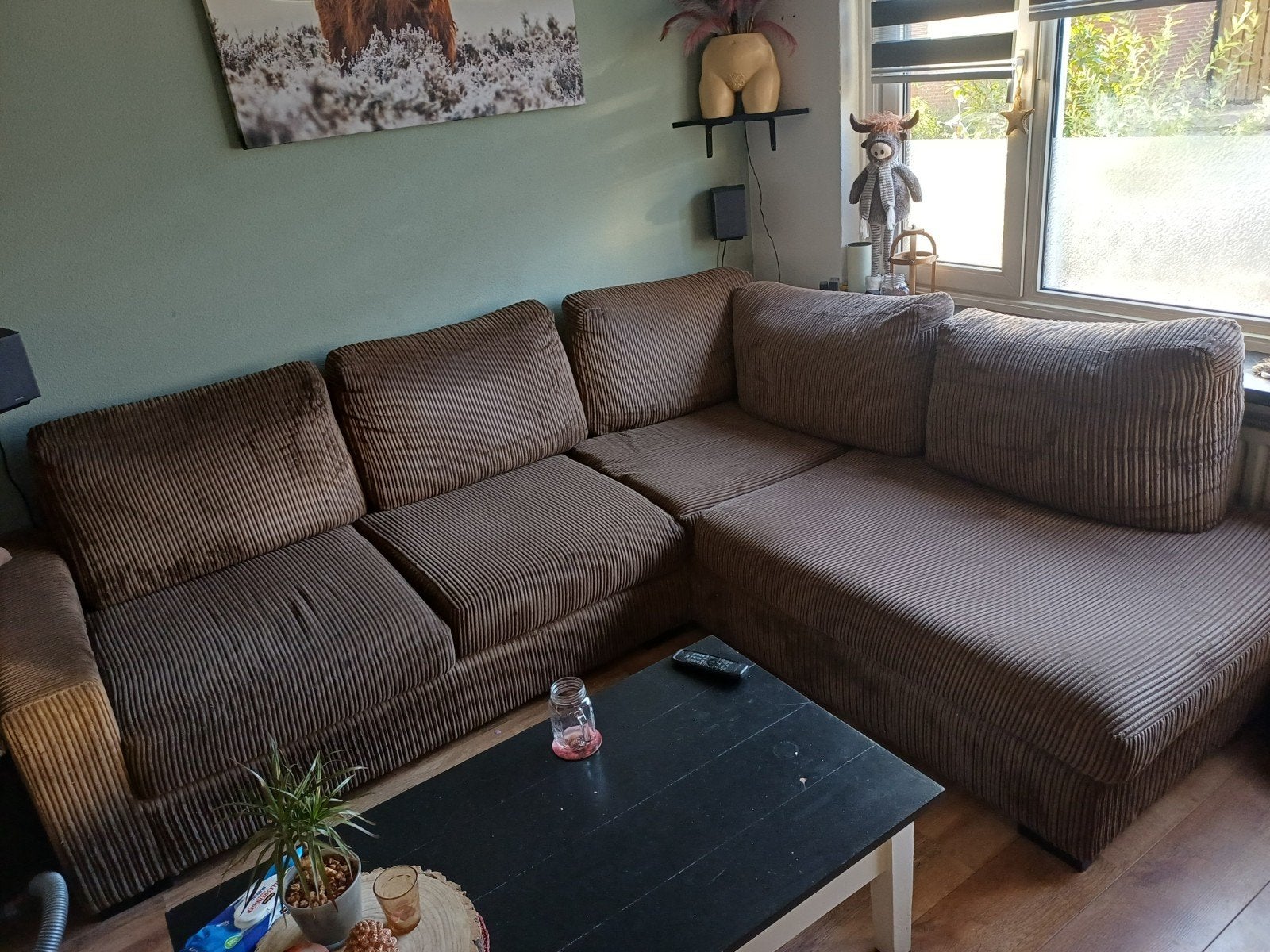 hoekbank bruin ribstof, Huis en Inrichting, Banken | Bankstellen, Ophalen, 250 tot 300 cm, Gebruikt, Ribstof