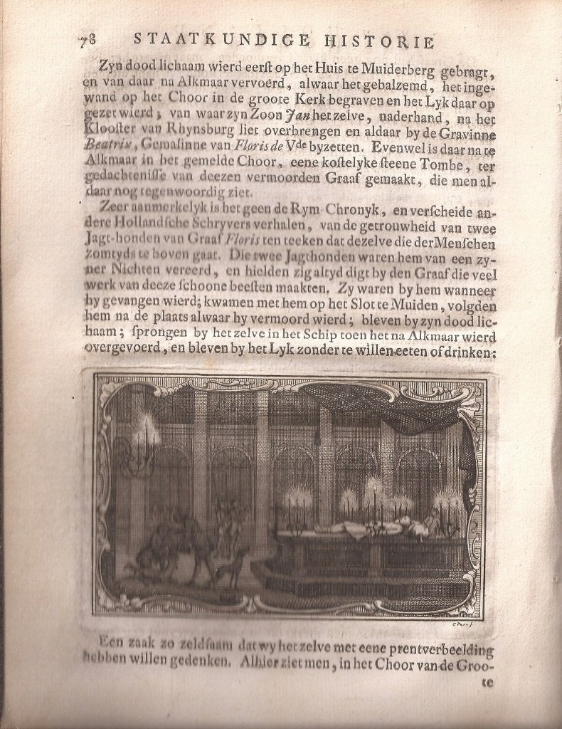 Alkmaar het Choor van de Groote Kerk met doodsbed Floris V, Antiek en Kunst, Gesigneerd, 6 cm, Ophalen of Verzenden, Gravure