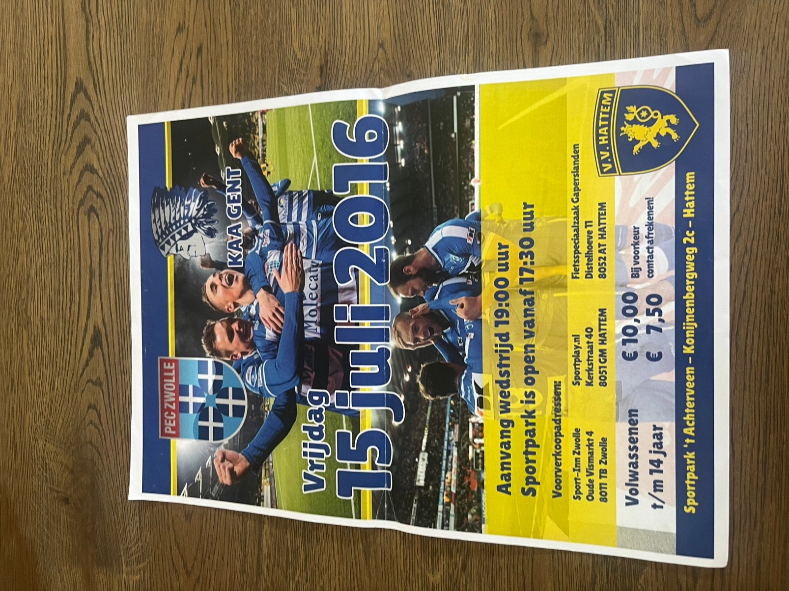 WEDSTRIJD POSTER PEC ZWOLLE-AA GENT 2016, Ophalen of Verzenden, Zo goed als nieuw, Overige binnenlandse clubs, Poster, Plaatje of Sticker