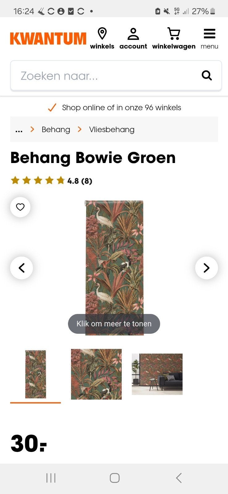 Twee rollen Kwantum Behang Bowie Groen (nieuw in verpakking), Ophalen, Bladeren, Overige merken, Vliesbehang