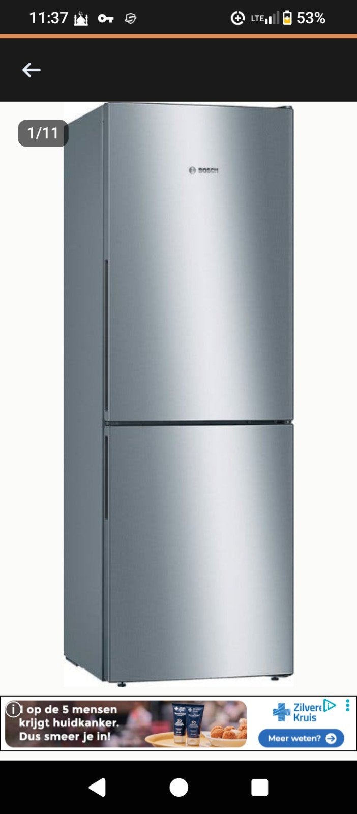 Bosch RVS koelkast, Witgoed en Apparatuur, Koelkasten en IJskasten, Zo goed als nieuw, Zonder vriesvak, 200 liter of meer, 160 cm of meer