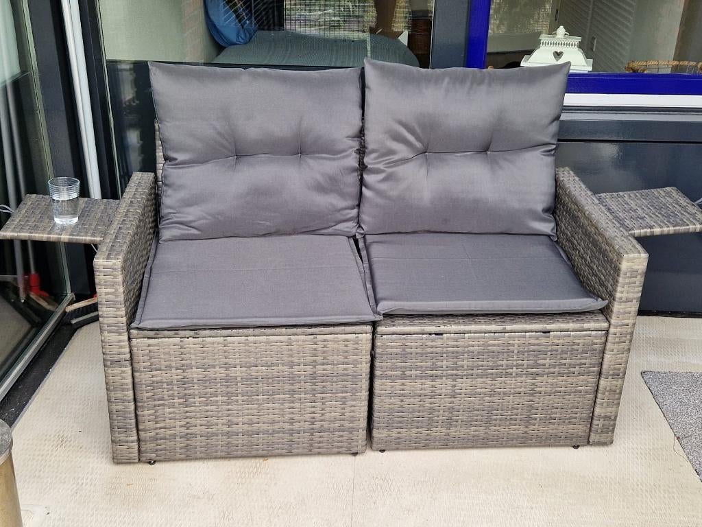 Tuinbank - 2-zits - kussens grijs - bijzettafels - nieuw, Tuin en Terras, Tuinbanken, Ophalen, Nieuw