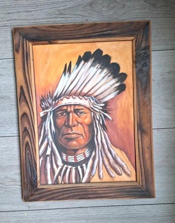 Handgeschilderd indiaan schilderij op doek met houten lijst, Huis en Inrichting, Ophalen of Verzenden, Zo goed als nieuw, Minder dan 50 cm