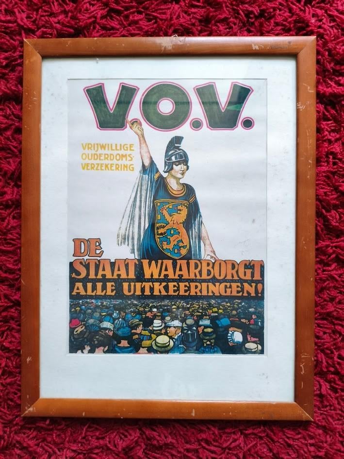 Affiche Vrijwillige ouderdomsverzekering in houtenomlijsting, Met lijst, Deurposter of groter, Ophalen of Verzenden, Overige onderwerpen