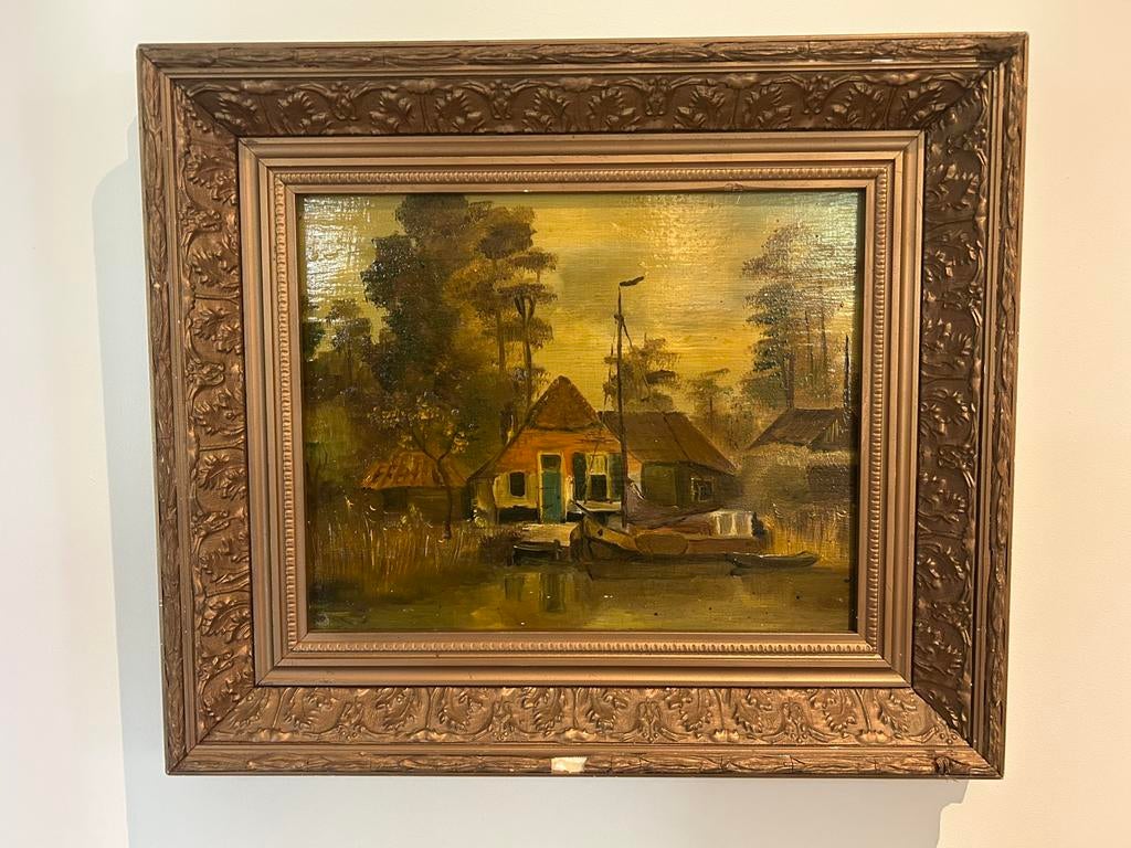 waterlandschap met boerderij en boot olieverf op paneel, Antiek en Kunst, Kunst | Schilderijen | Klassiek, Ophalen of Verzenden