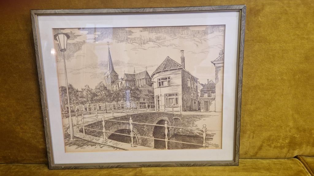 Ingelijste tekening Kampen Bovenkerk door Teun van de Veen, Ophalen of Verzenden