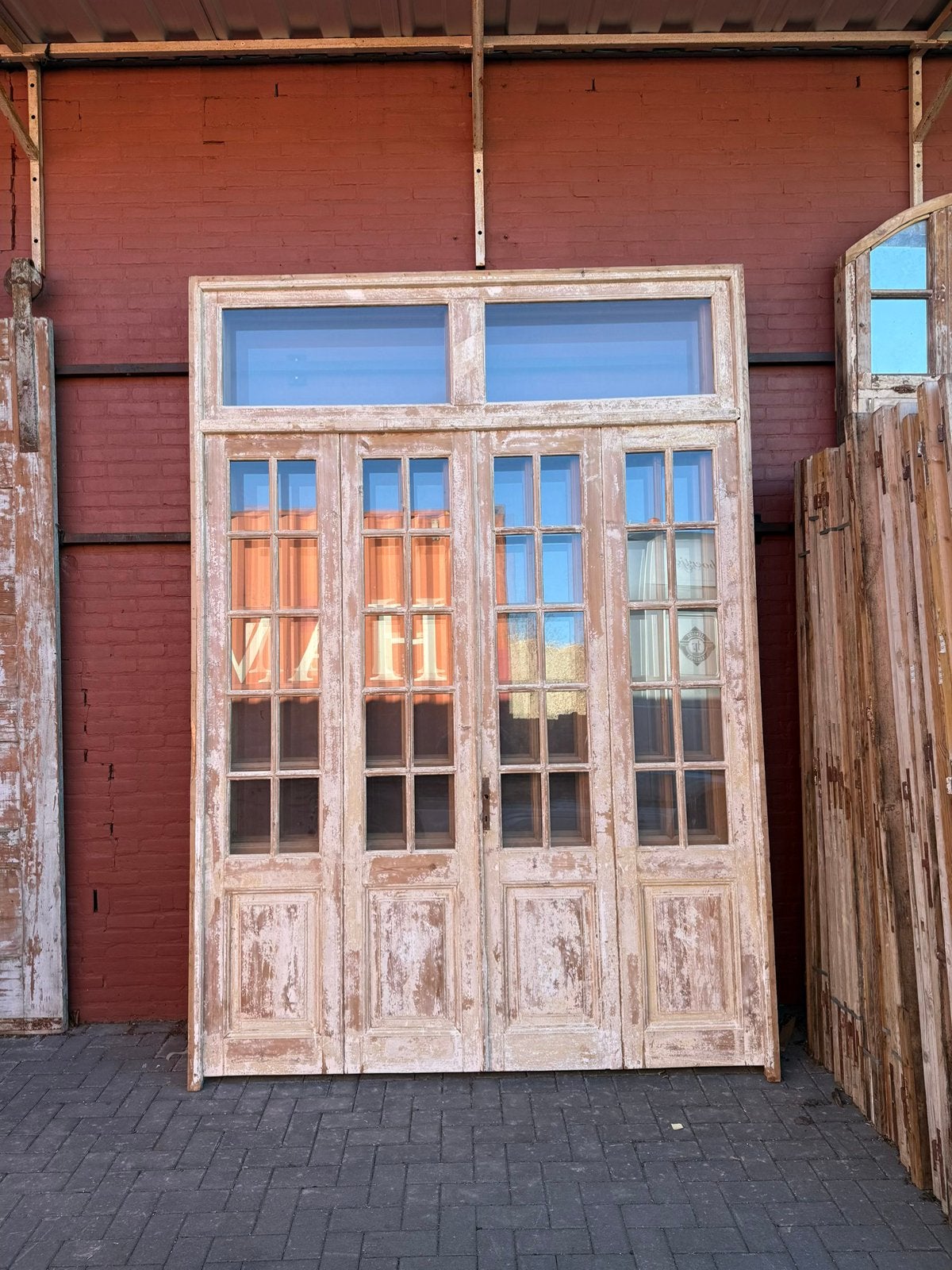 Antieke 4-slag oranjerie deuren met bovenlicht en patina, Ophalen of Verzenden, Zo goed als nieuw, Hout