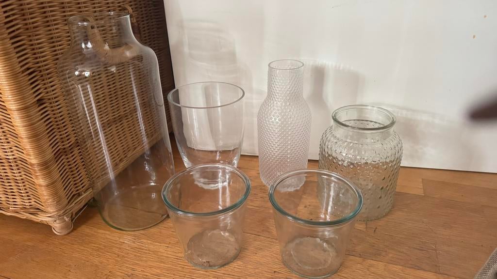 Set lot partij glazen vaas vazen bloempotten, Overige kleuren, Ophalen of Verzenden, Minder dan 50 cm, Glas