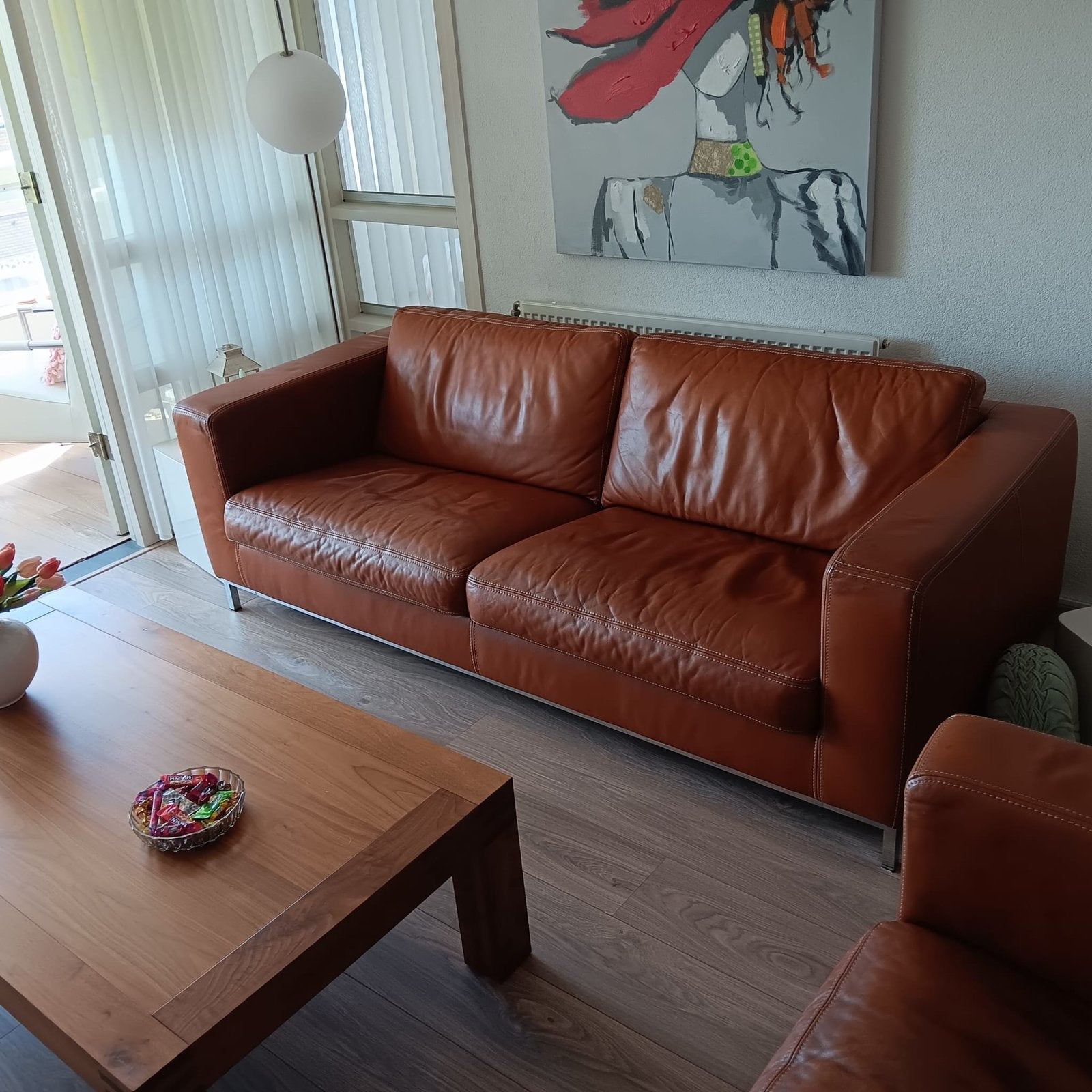 Prachtige lederen Massimo 3-zits bank - Cognac leer, Huis en Inrichting, Banken | Bankstellen, Ophalen, Gebruikt, Driepersoons